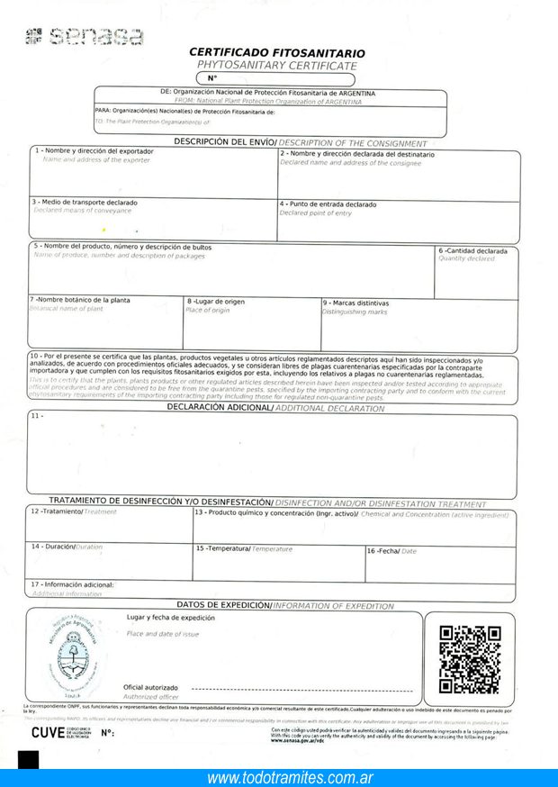 Modelo de certificado fitosanitario